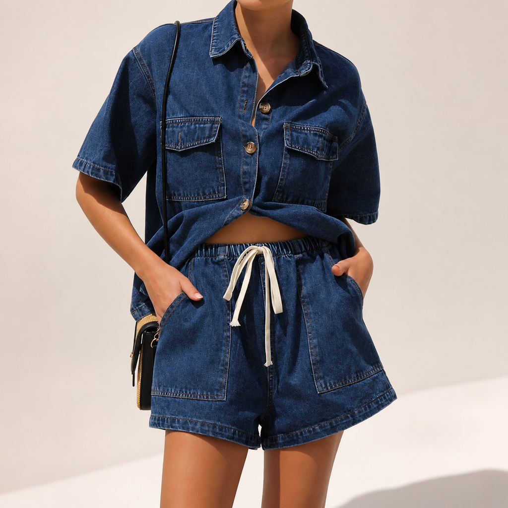 Harper Women’s Two-Piece Stretch Denim Shirt and High-Waisted Shorts Set