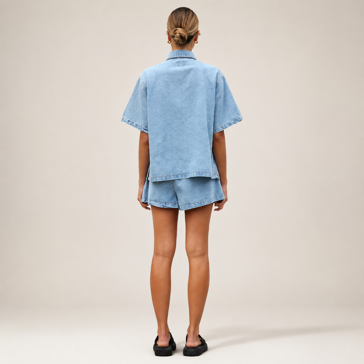 Harper Women’s Two-Piece Stretch Denim Shirt and High-Waisted Shorts Set