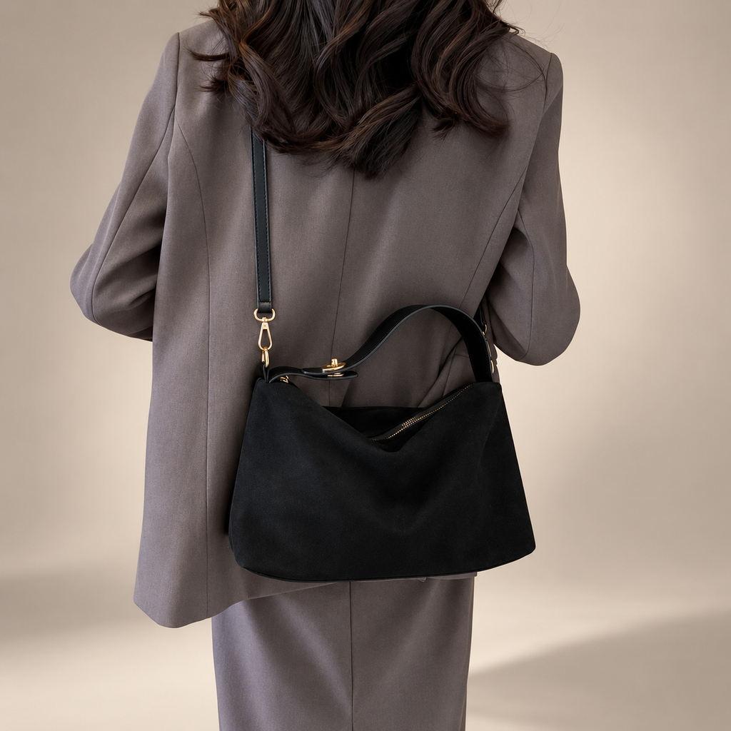 Alessia Suede-Look Shoulder Bag with Top Handle and Adjustable Crossbody Strap