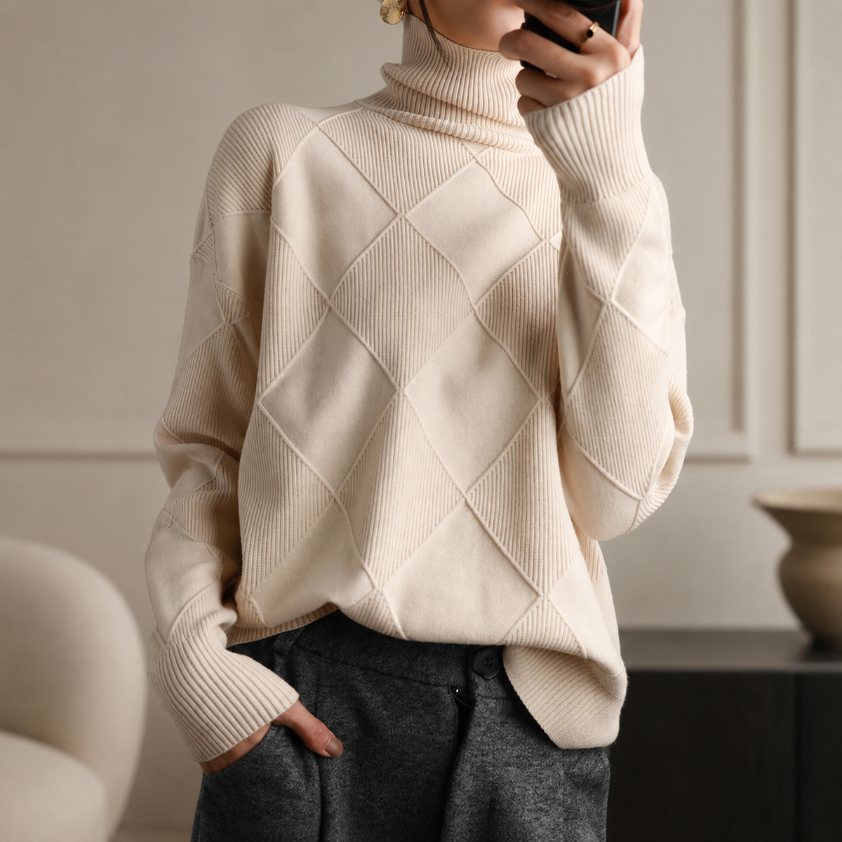 Luciana Women’s Checkered Turtleneck Sweater