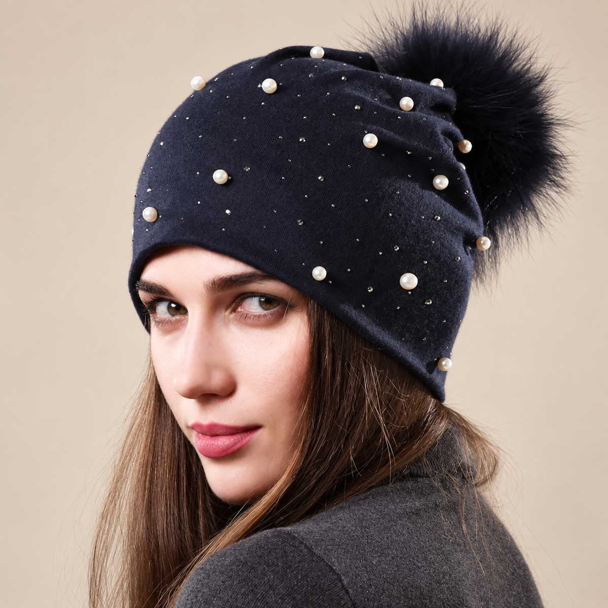 Vivienne Women’s Pearl Embellished Slouchy Pom-Pom Beanie