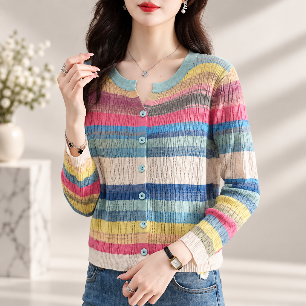 Evelina Women's Multicolor Striped Pointelle Knit Button-Front Cardigan