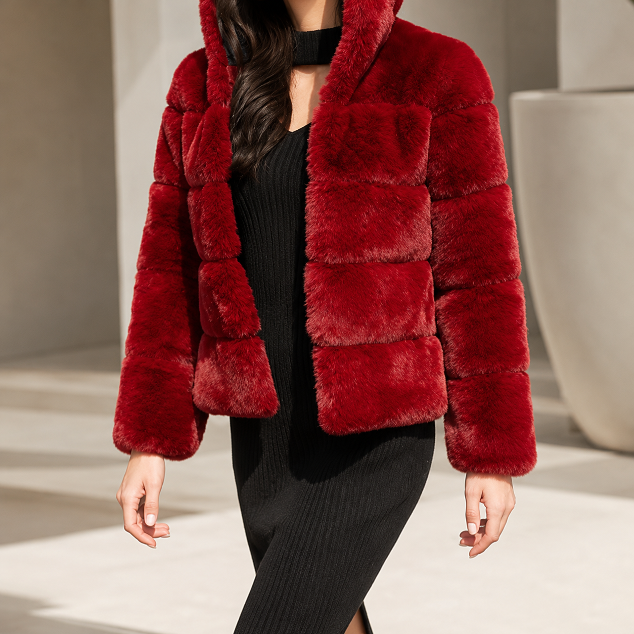 Genevieve Women’s Faux Fur Hooded Jacket – Cropped Coat