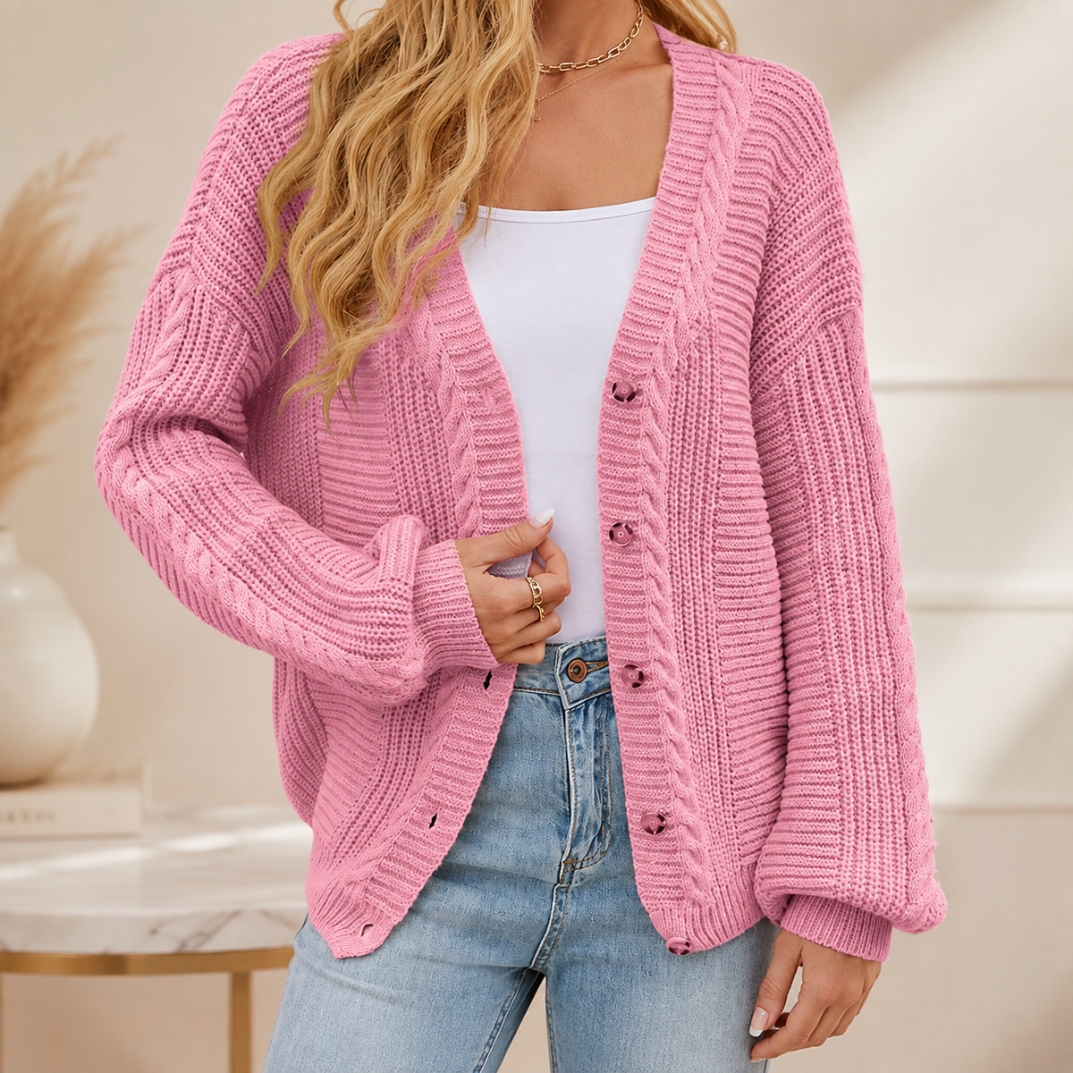 Vivienne Women’s Cable Knit V-Neck Cardigan – Button-Front Sweater