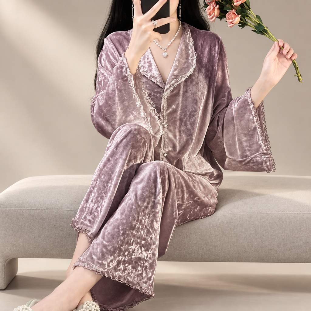 Valentina Velvet-Look Lace Trim Button-Front Pajama Set
