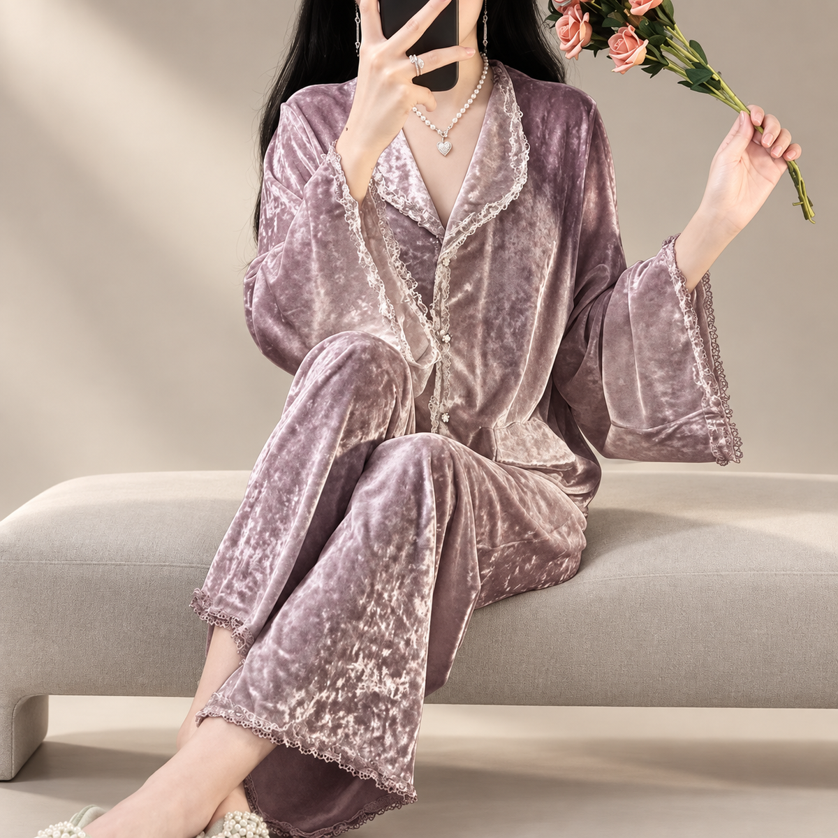 Valentina Velvet-Look Lace Trim Button-Front Pajama Set