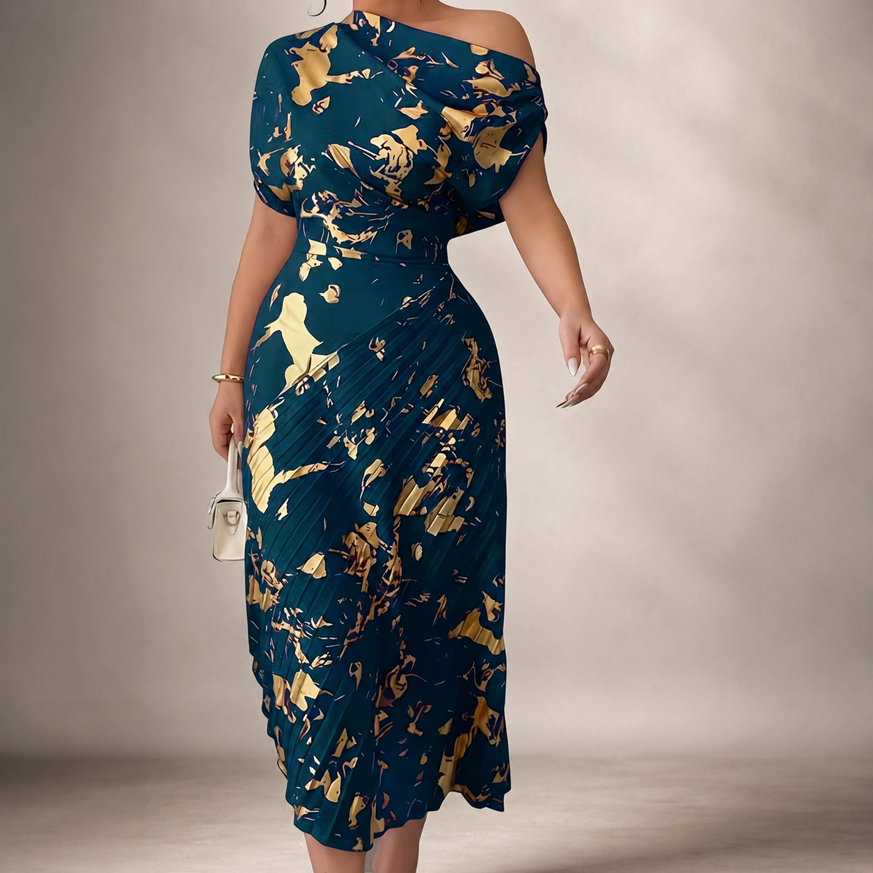 Natalie’s One-Shoulder Metallic Print Pleated Dress