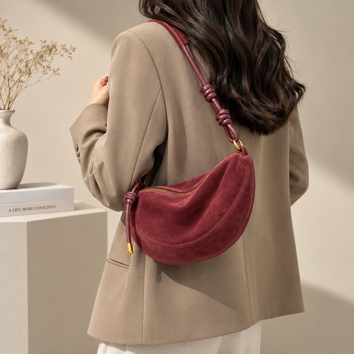 Elodie Crescent Suede-Look Crossbody Bag with Knotted Strap