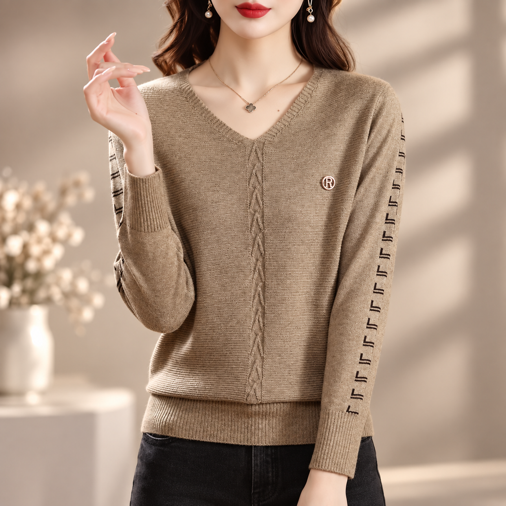 Renata Women’s V-Neck Knit Sweater – Long Sleeve Textured Pullover