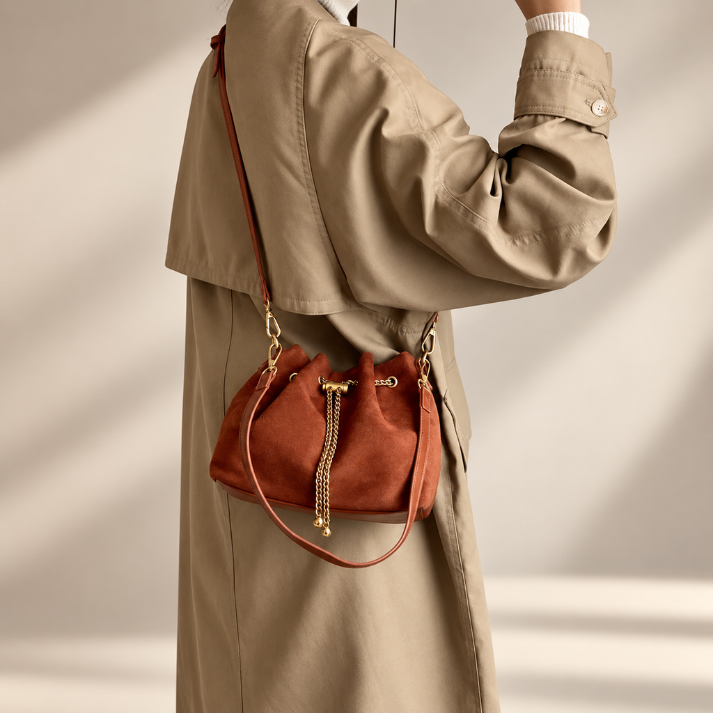 Sofia Women’s Suede-Look Drawstring Bucket Bag – Chain Detail Shoulder & Crossbody Handbag