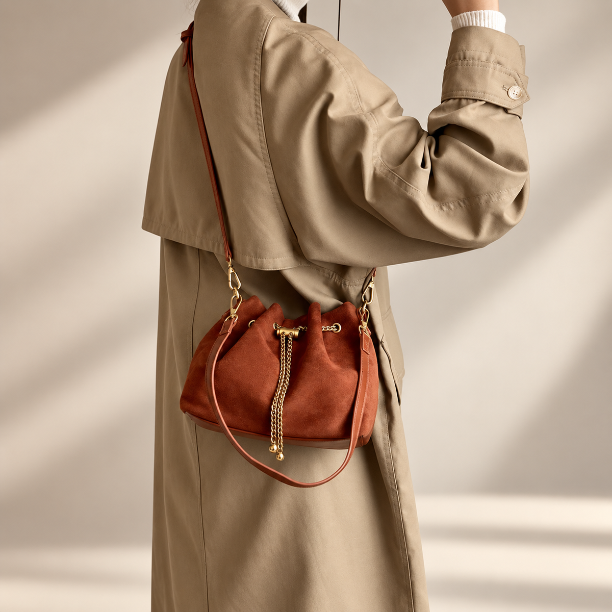 Sofia Women’s Suede-Look Drawstring Bucket Bag – Chain Detail Shoulder & Crossbody Handbag