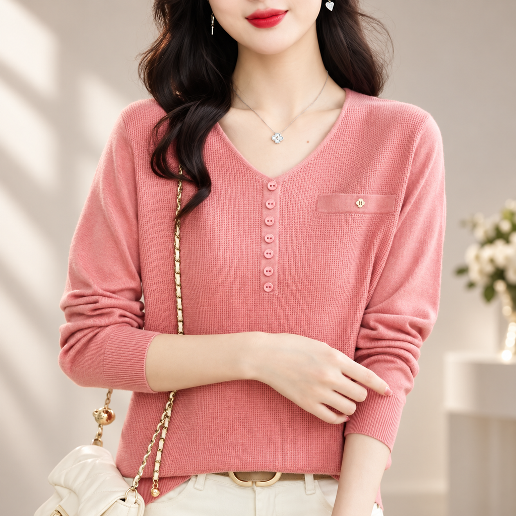 Marina Women’s V-Neck Button Detail Knit Sweater – Long Sleeve Pullover Top