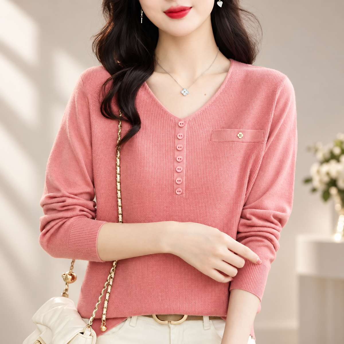 Marina Women’s V-Neck Button Detail Knit Sweater – Long Sleeve Pullover Top