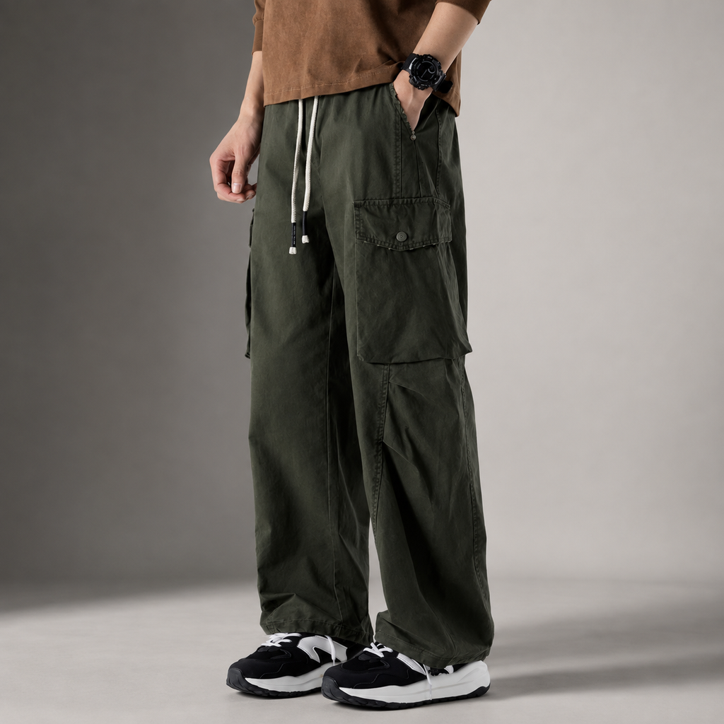 Declan Men’s Wide-Leg Cargo Pants – Drawstring Utility Trousers with Flap Pockets