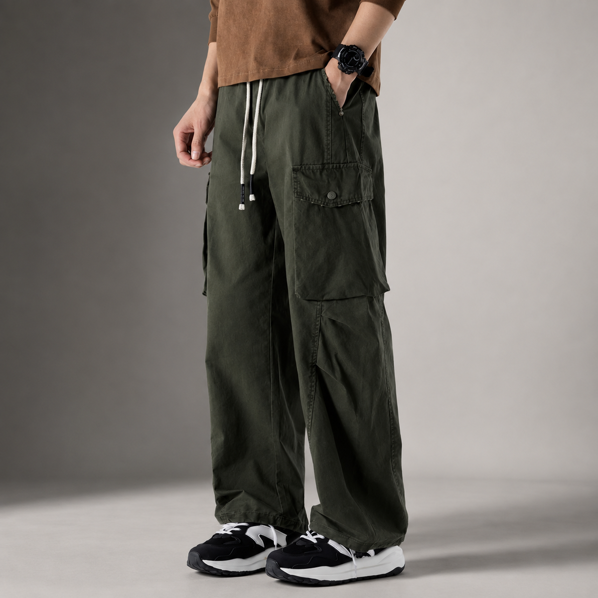 Declan Men’s Wide-Leg Cargo Pants – Drawstring Utility Trousers with Flap Pockets
