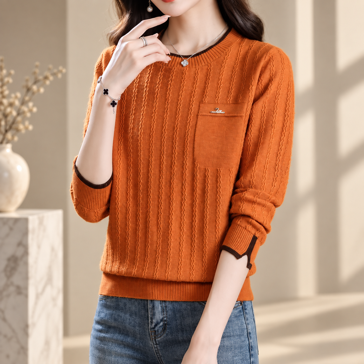 Madeleine Women’s Textured Crew Neck Knit Sweater – Long Sleeve Pullover with Chest Pocket