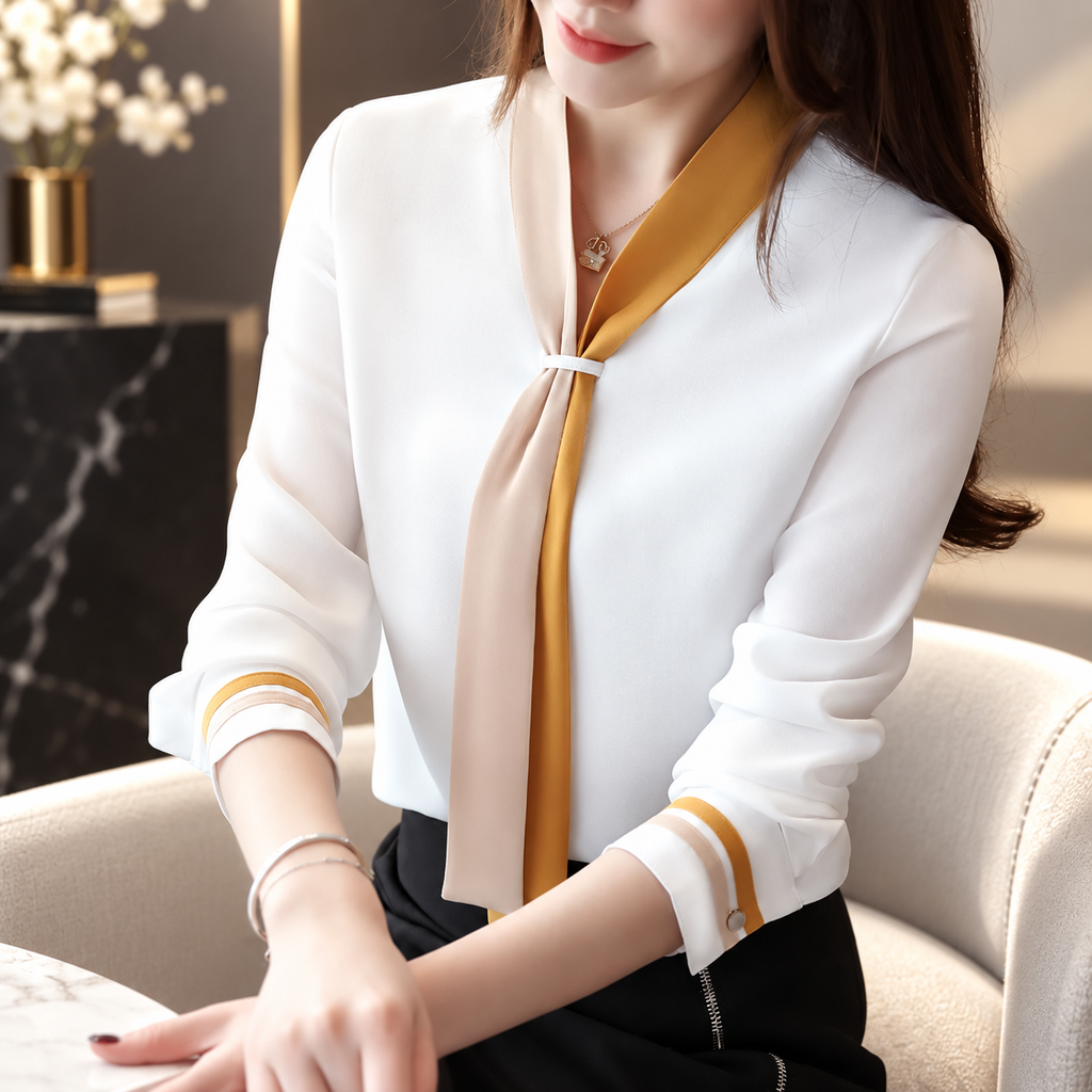 Madeleine Contrast Scarf Neck Blouse – Long Sleeve Office Top