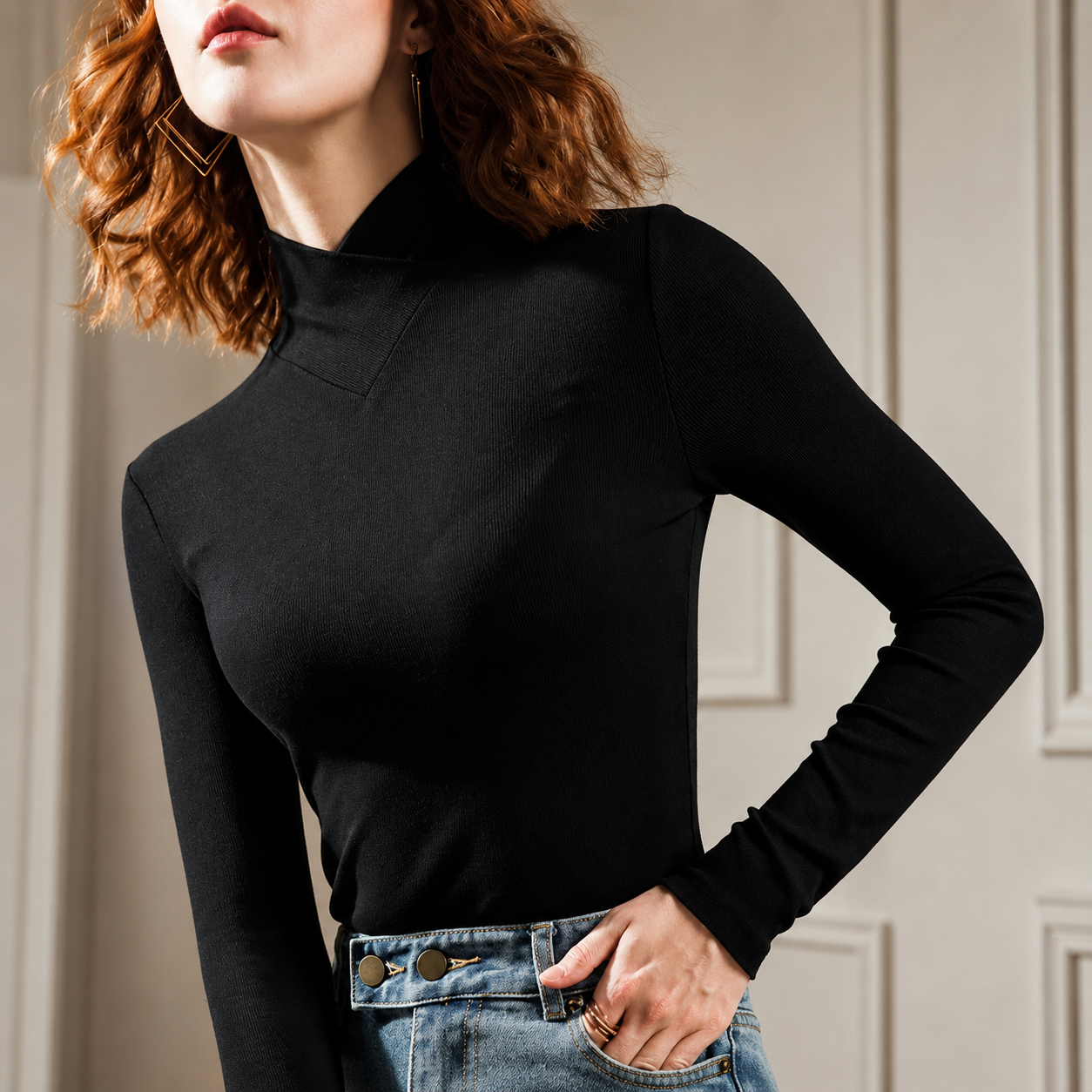 Sienna Women’s Ribbed High Neck Long Sleeve Top