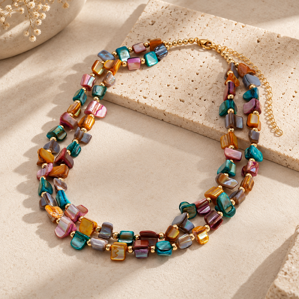 Rosalie Women’s Layered Shell Bead Necklace – Multicolor Statement Jewelry