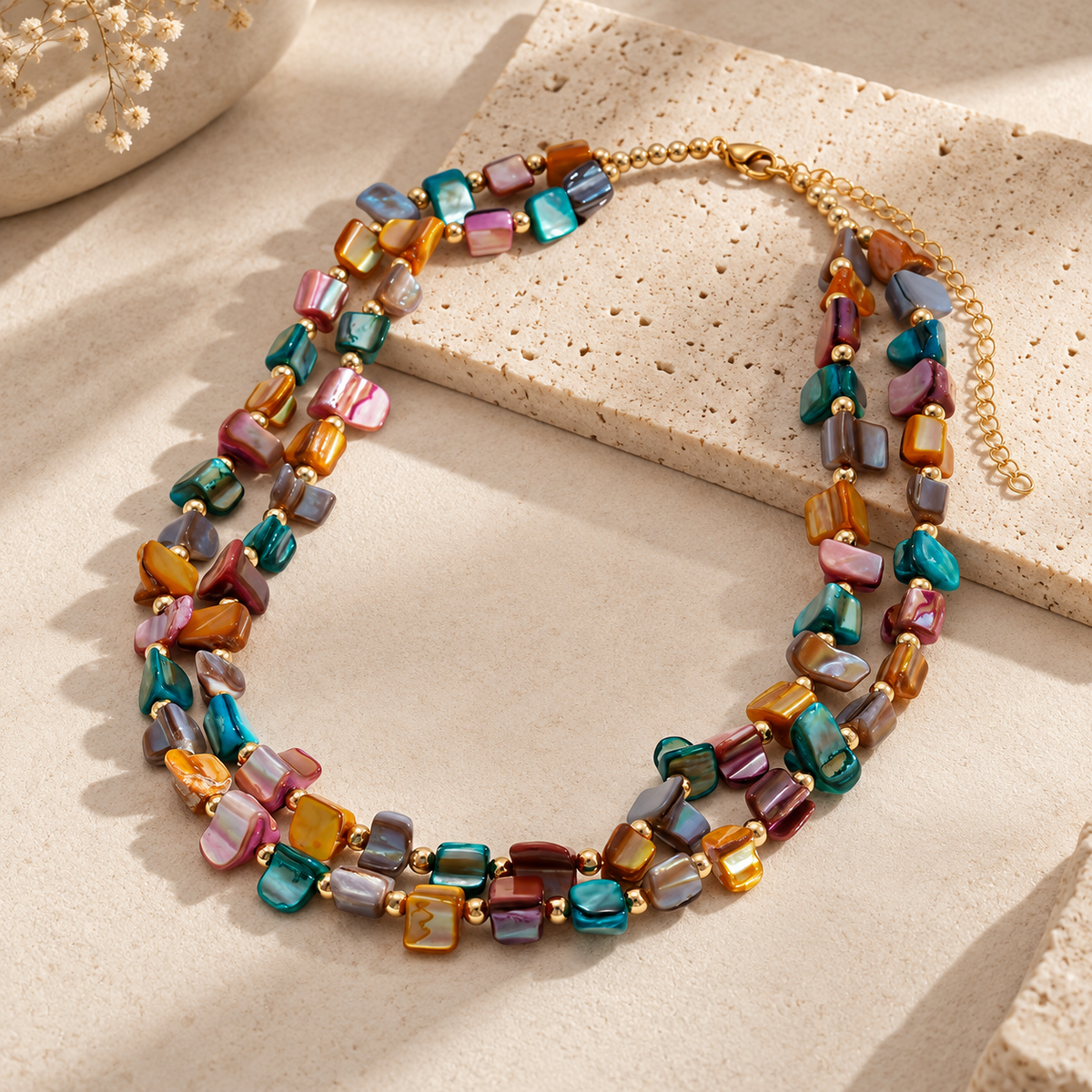 Rosalie Women’s Layered Shell Bead Necklace – Multicolor Statement Jewelry