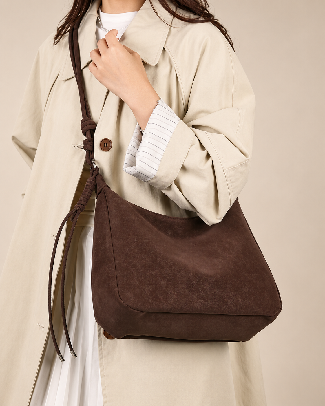 Marina Women’s Soft Hobo Shoulder Bag – Slouchy Zip-Top Handbag with Knotted Strap Detail
