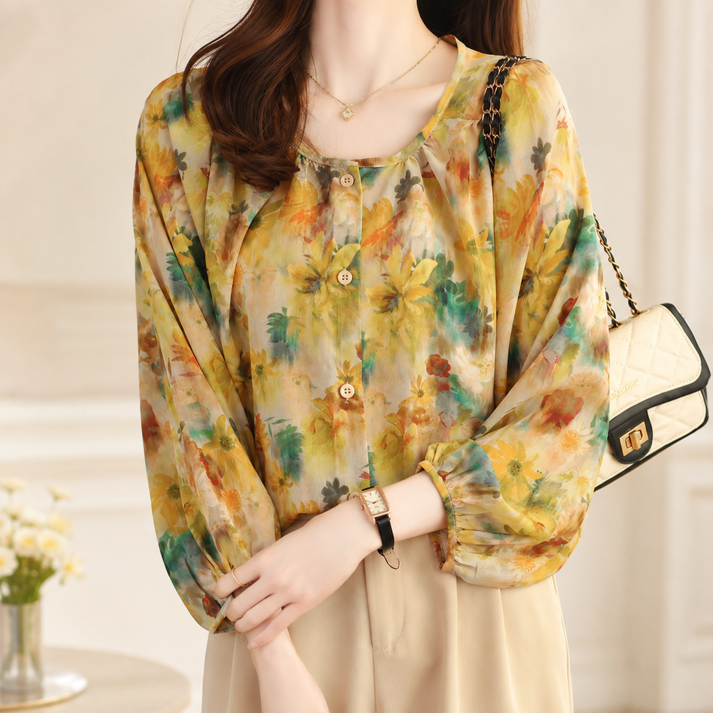 Lucienne Women’s Printed Button-Front Blouse – Relaxed Long Sleeve Top