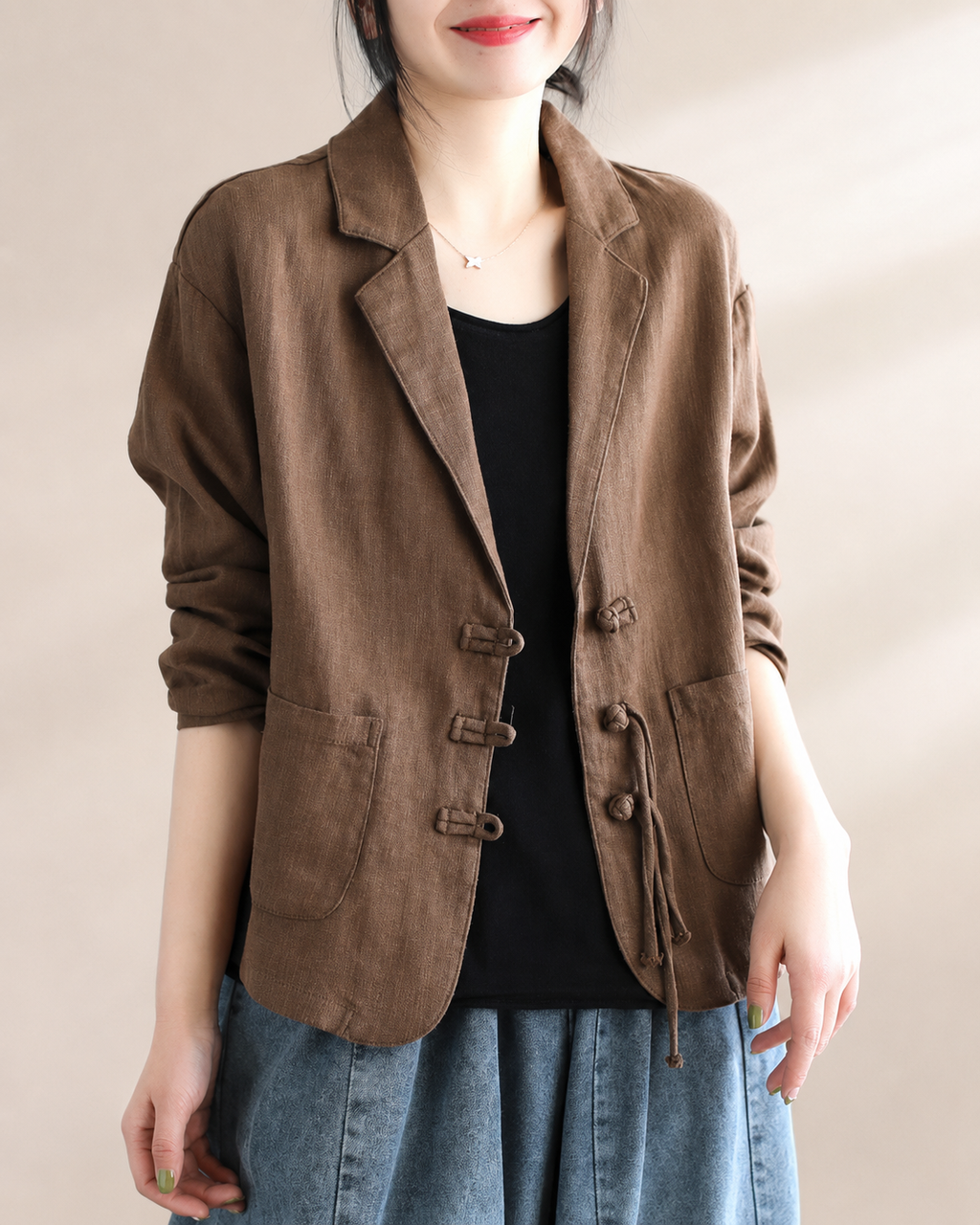 Nova Women’s Linen-Blend Tie-Front Blazer with Pockets