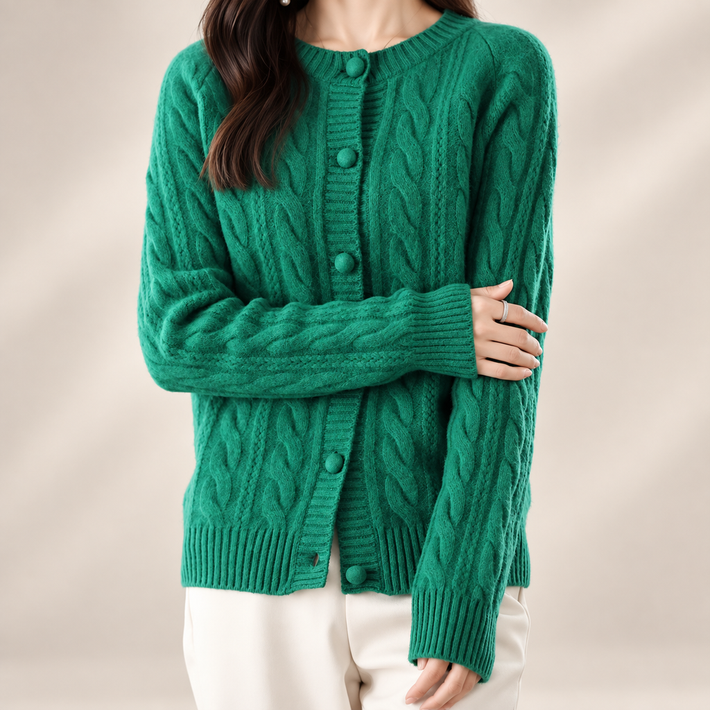 Marianne Cable Knit Button Cardigan – Women’s Crew Neck Long Sleeve Sweater