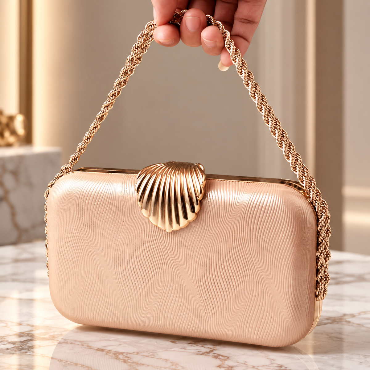 Amélie Shell Clasp Evening Clutch with Gold Chain
