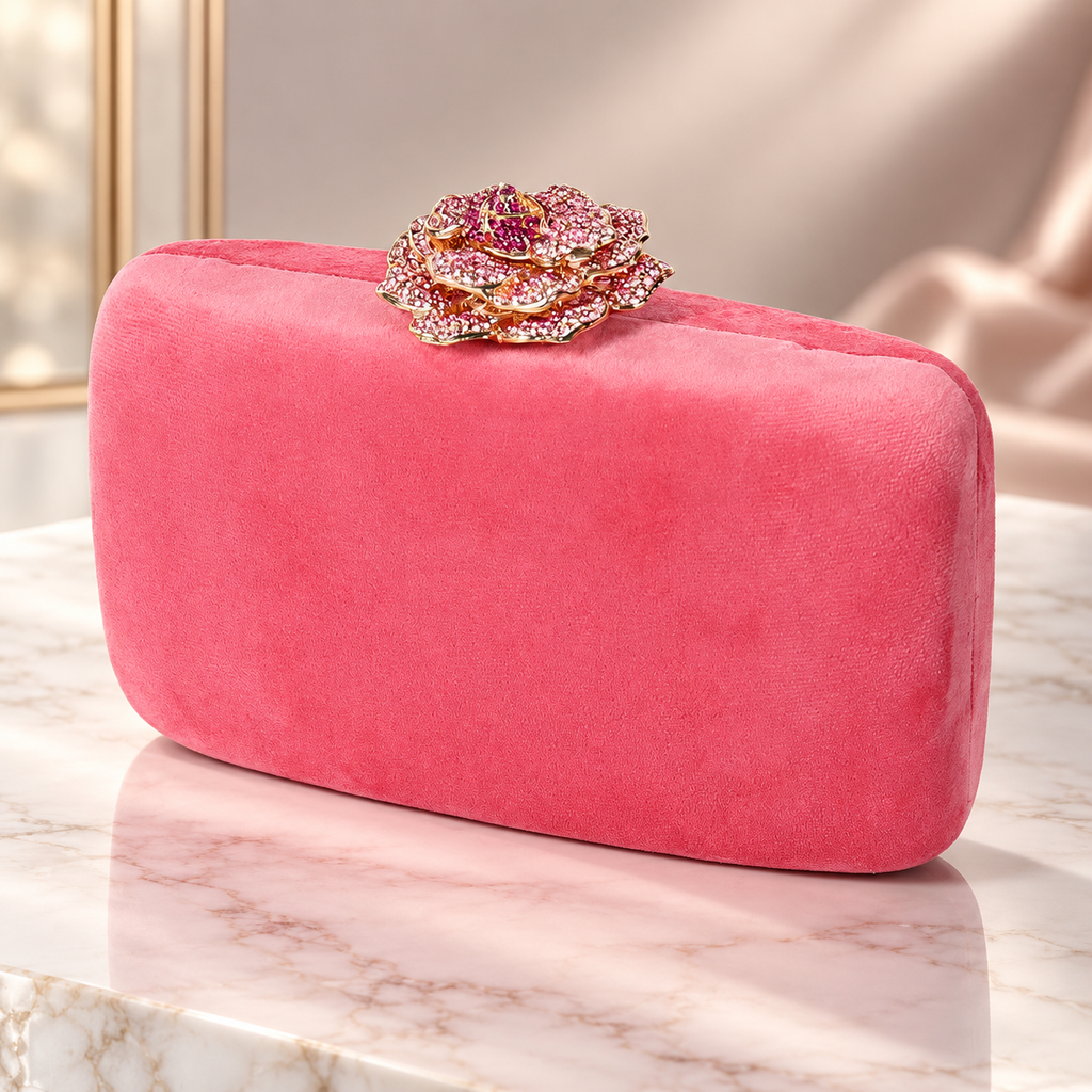 Camille Jeweled Rose Velvet Evening Clutch with Chain Strap