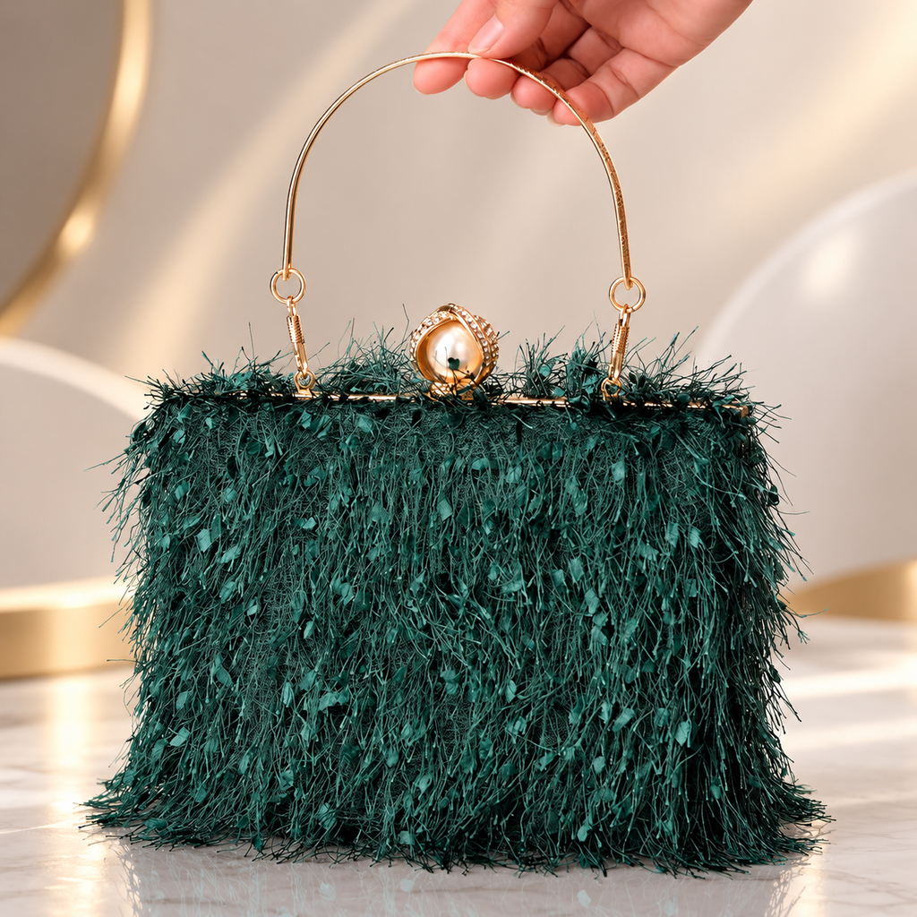 Vivienne Pearl Fringe Evening Clutch Bag with Gold Handle