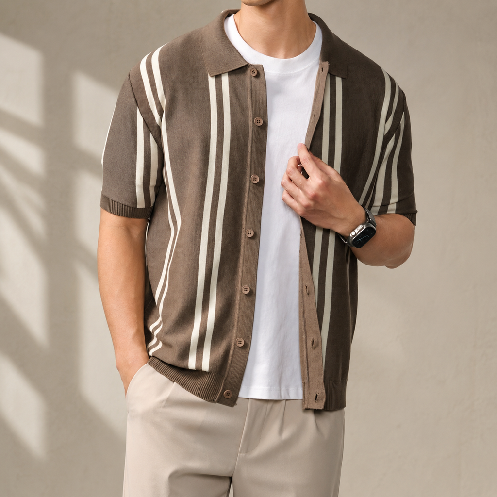 Étienne Men’s Striped Knit Polo Cardigan – Short Sleeve Button-Front Shirt