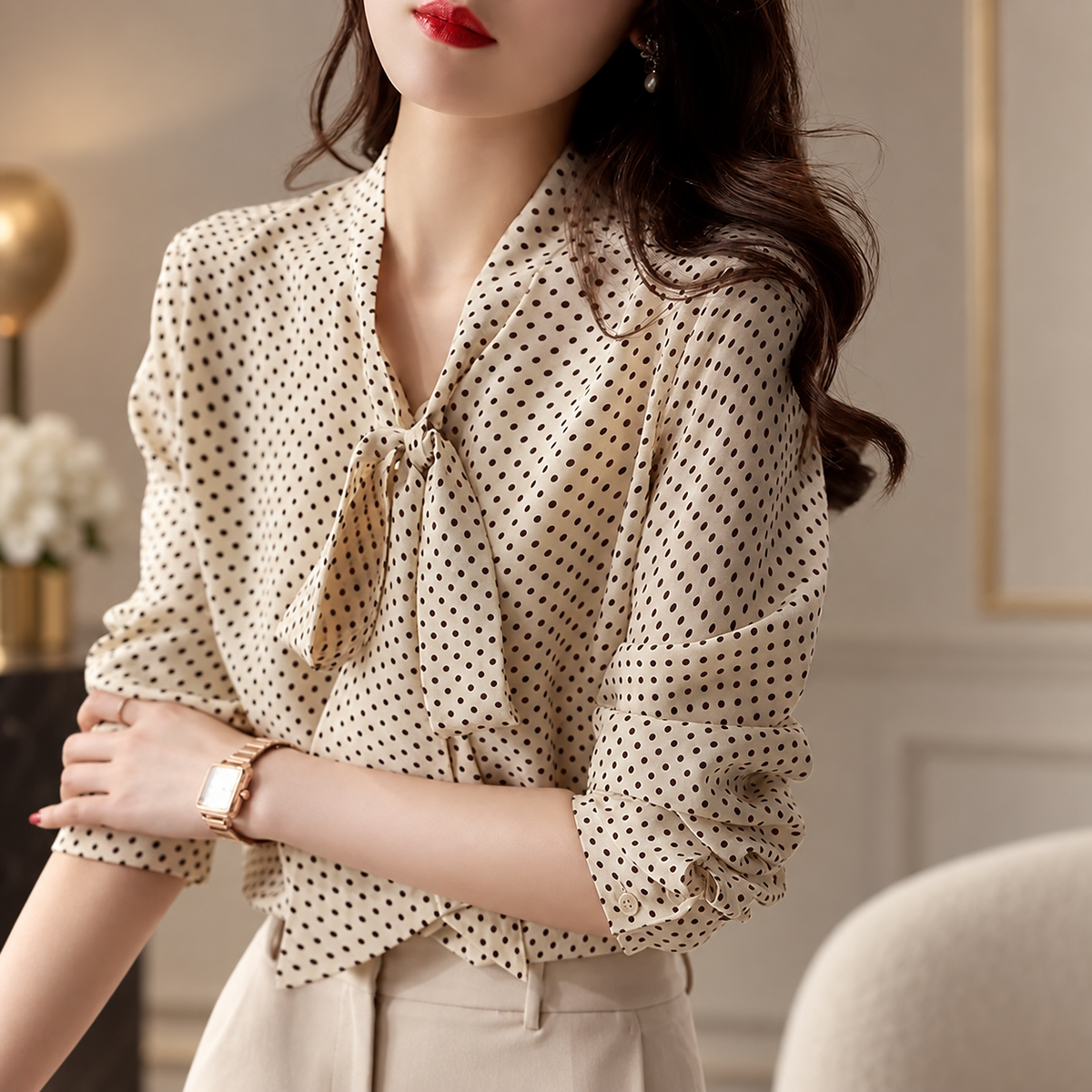 Vivienne Polka Dot Bow Tie Long Sleeve Blouse