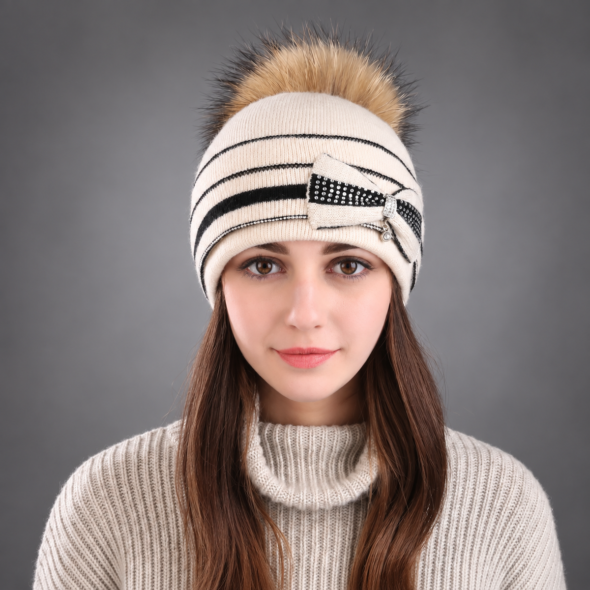 Aurelia Bow Detail Pom-Pom Beanie – Rhinestone Accent Striped Knit Winter Hat