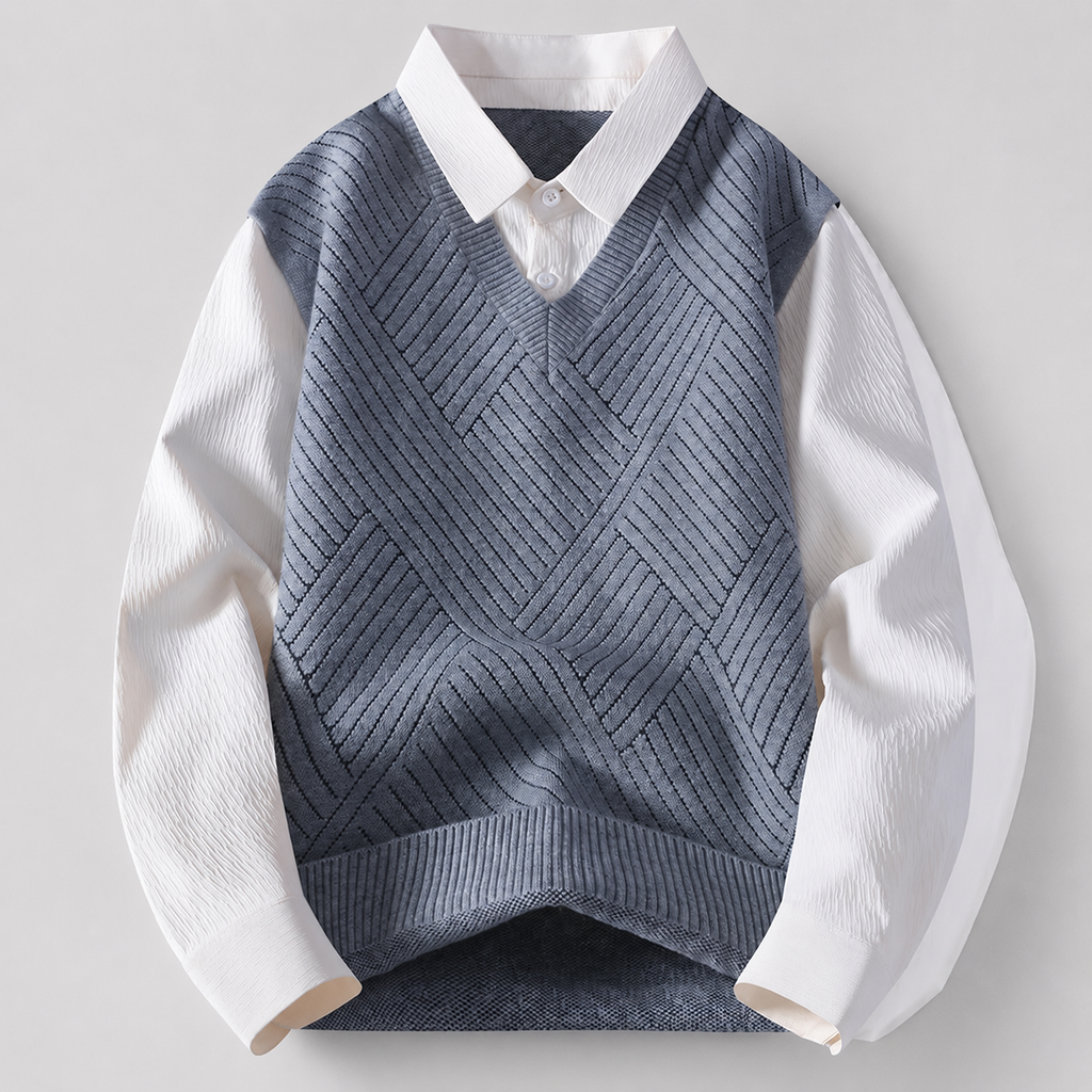 Lucien Men’s Layered V-Neck Knit Vest Shirt