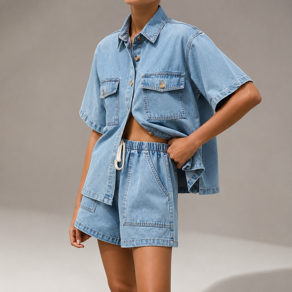 Harper Women’s Two-Piece Stretch Denim Shirt and High-Waisted Shorts Set