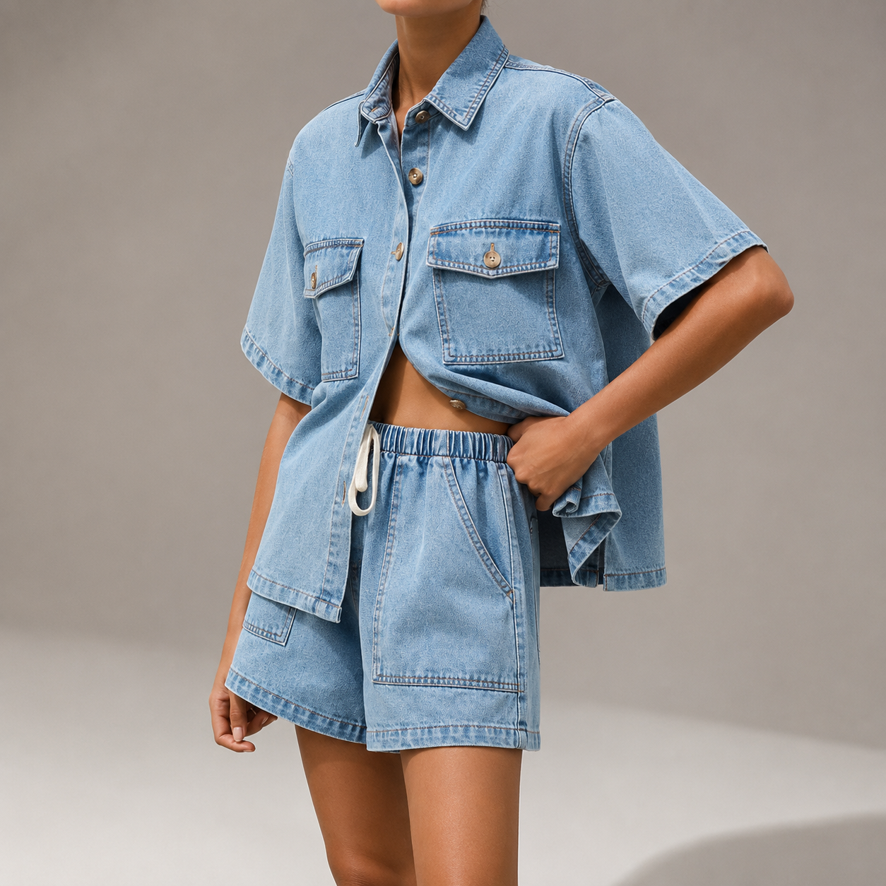 Harper Women’s Two-Piece Stretch Denim Shirt and High-Waisted Shorts Set