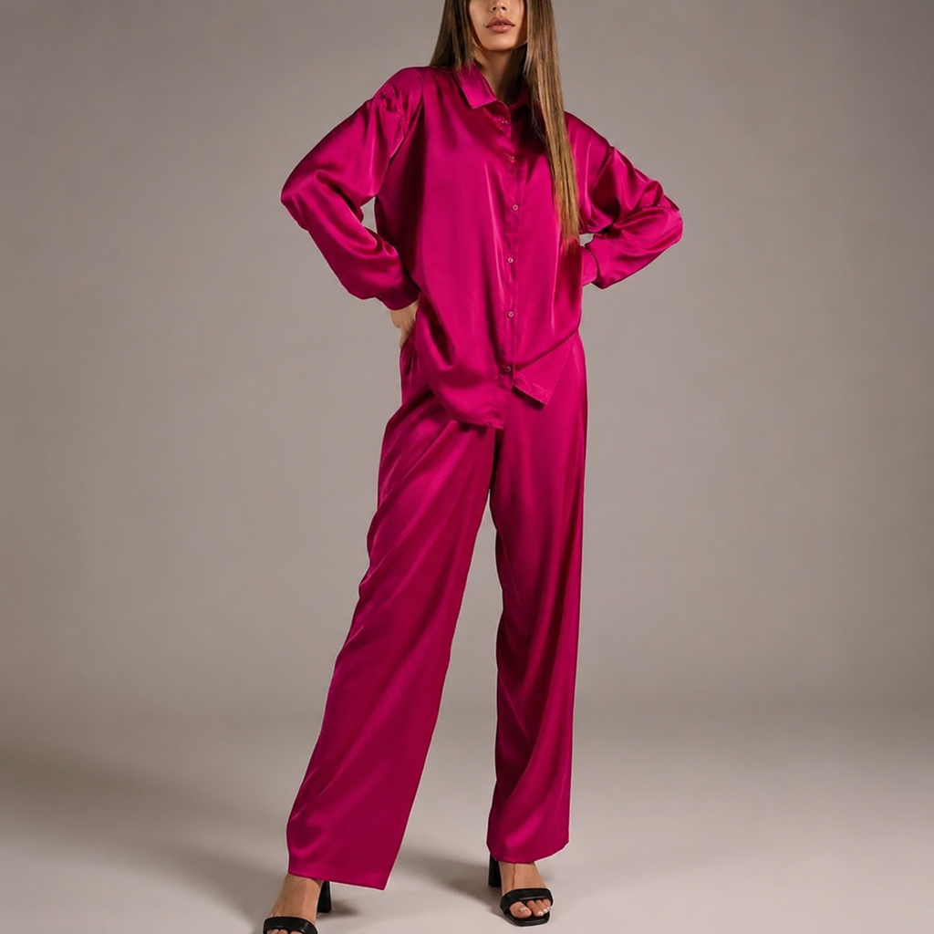 Georgia Women’s Satin Button-Front Shirt and Wide-Leg Pants Set