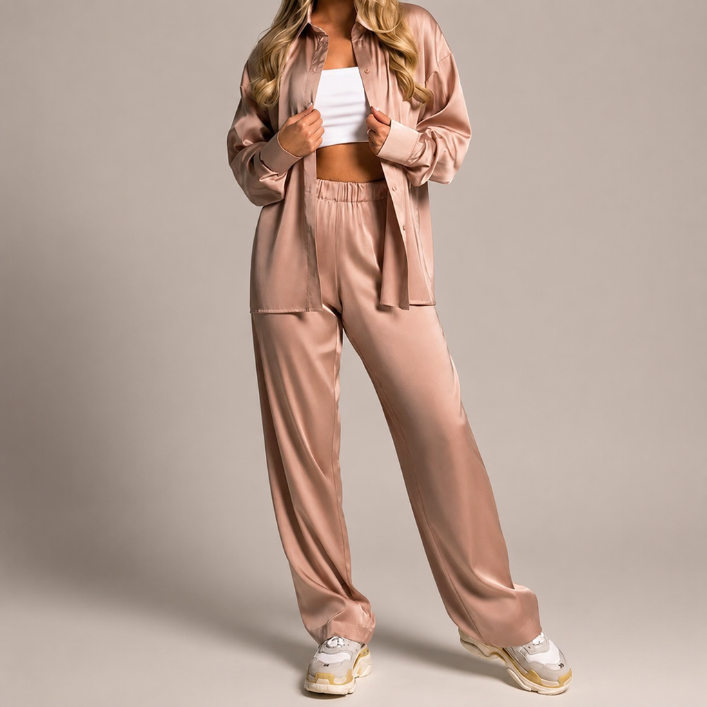 Georgia Women’s Satin Button-Front Shirt and Wide-Leg Pants Set