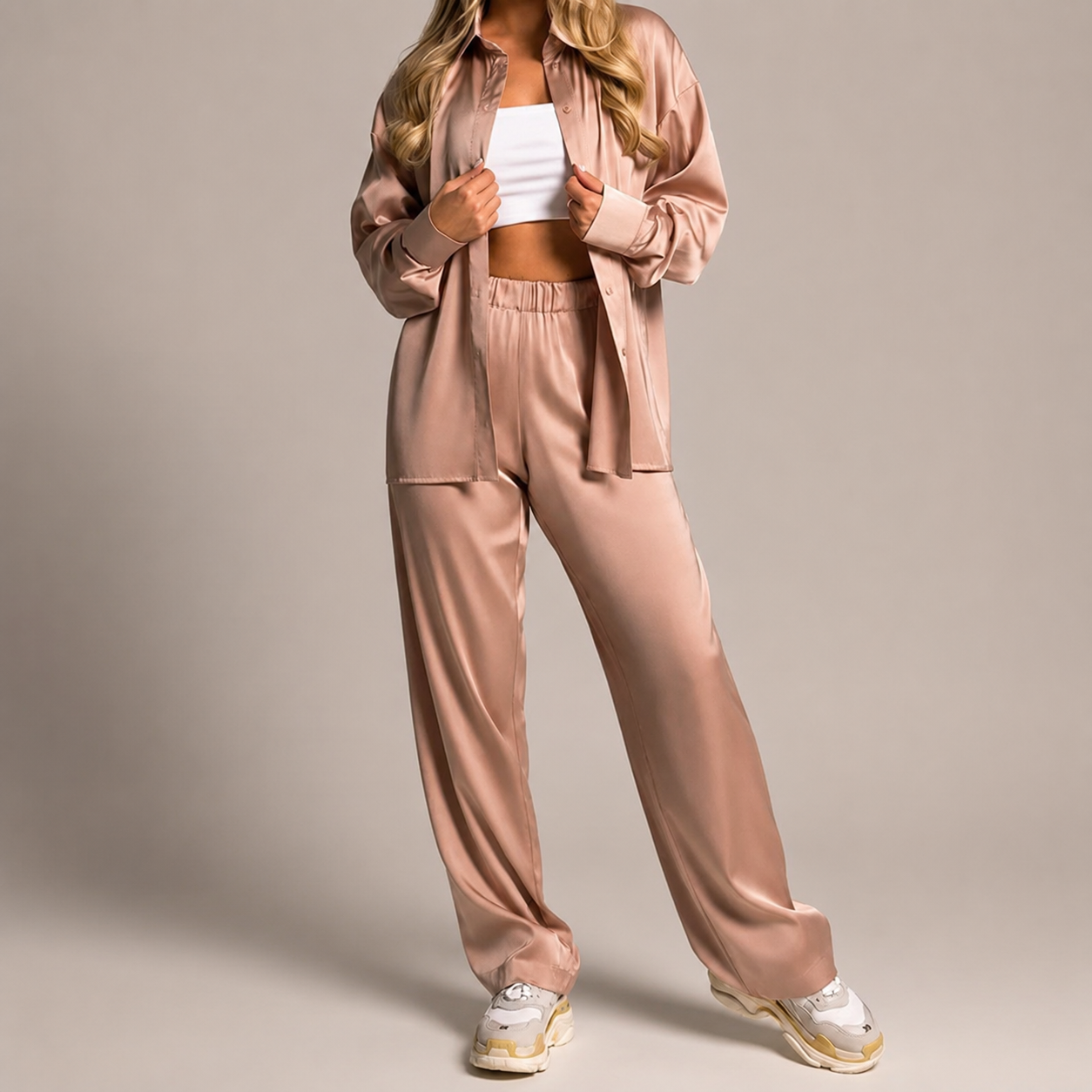 Georgia Women’s Satin Button-Front Shirt and Wide-Leg Pants Set
