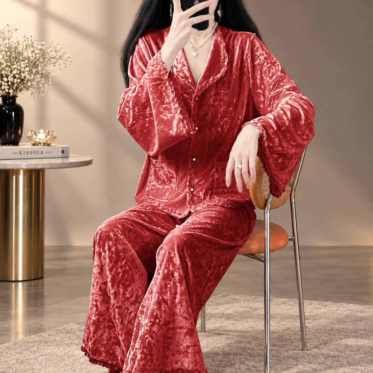 Valentina Velvet-Look Lace Trim Button-Front Pajama Set