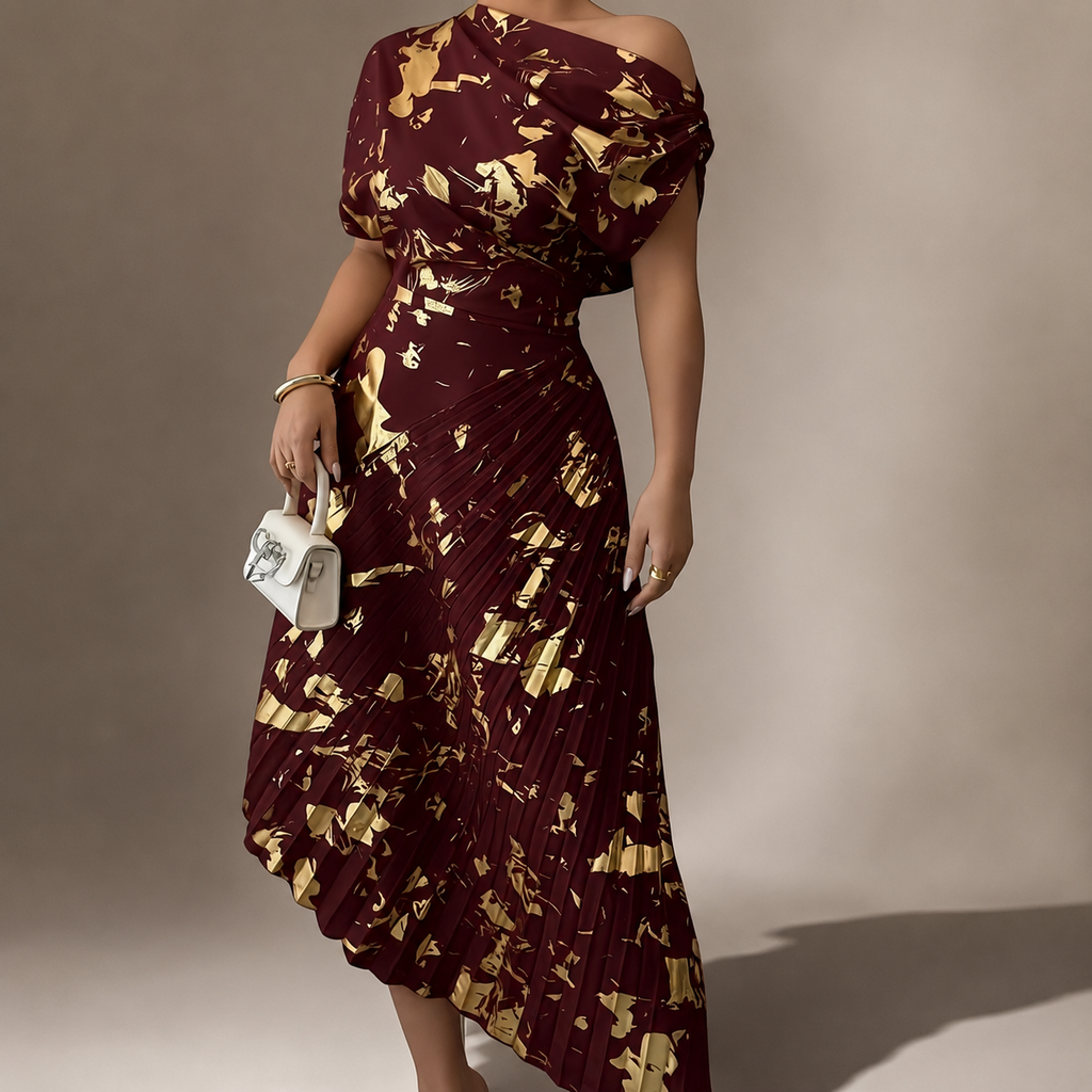 Natalie’s One-Shoulder Metallic Print Pleated Dress