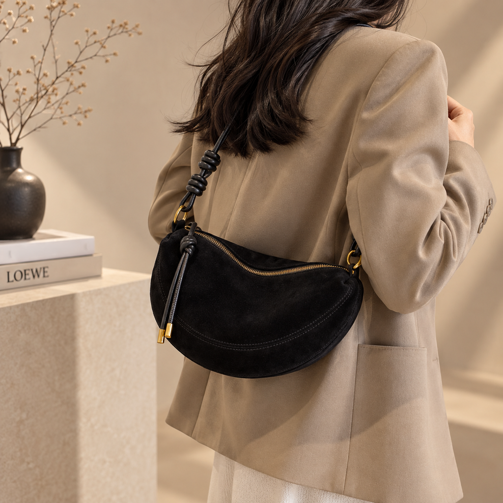 Elodie Crescent Suede-Look Crossbody Bag with Knotted Strap