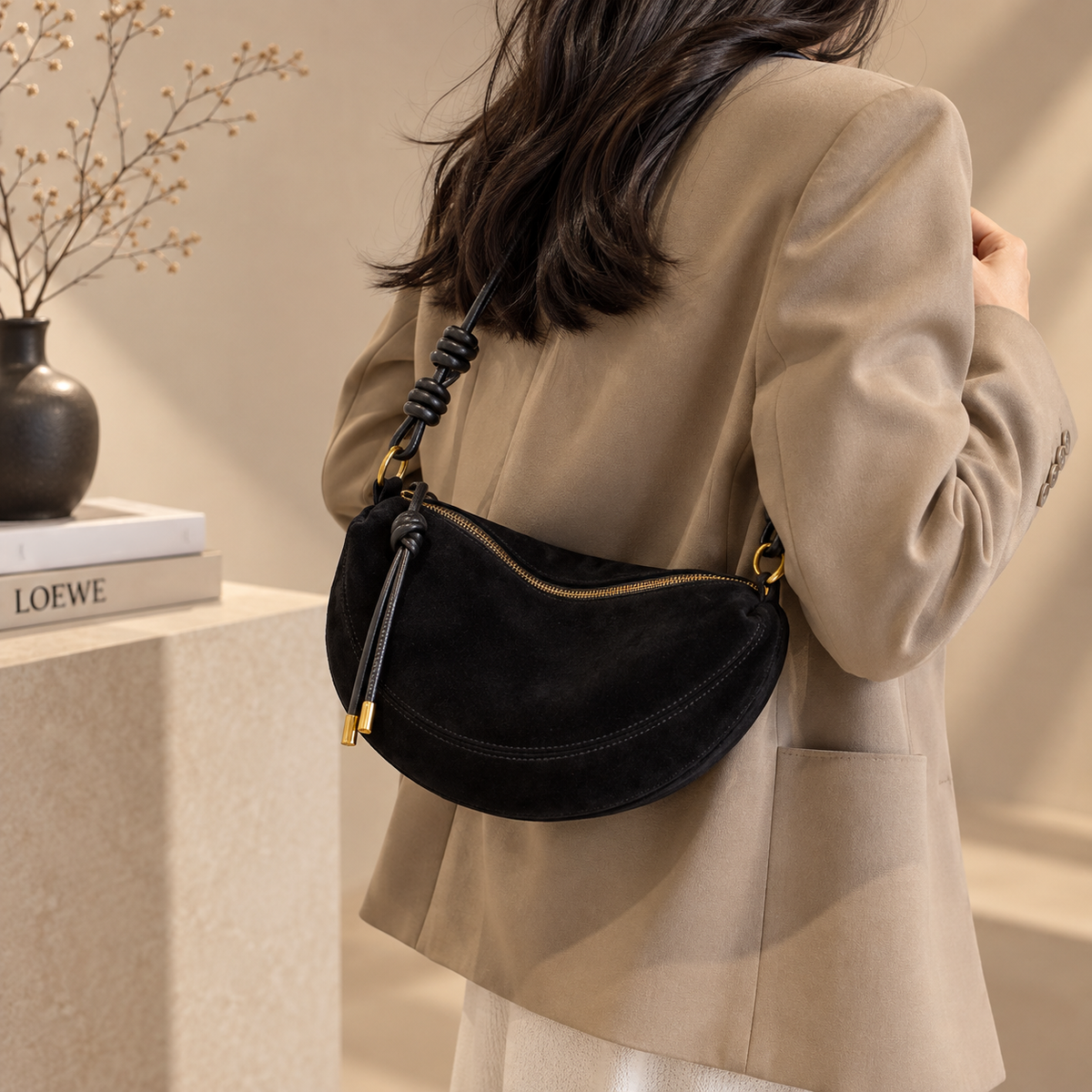 Elodie Crescent Suede-Look Crossbody Bag with Knotted Strap