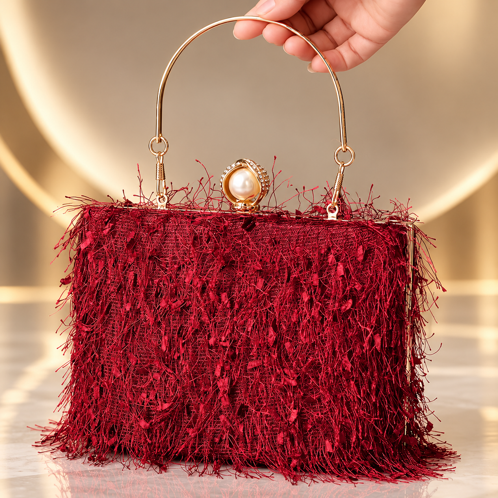 Vivienne Pearl Fringe Evening Clutch Bag with Gold Handle