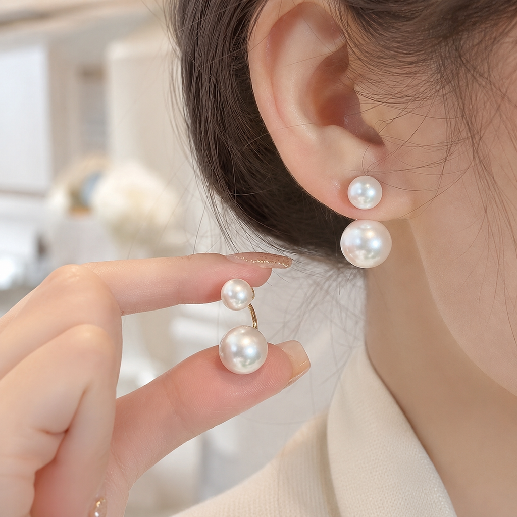 Alessia Women’s Double Drop Pearl-Style Earrings – Statement Post-Back Earrings
