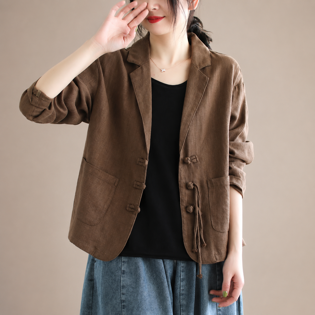 Nova Women’s Linen-Blend Tie-Front Blazer with Pockets