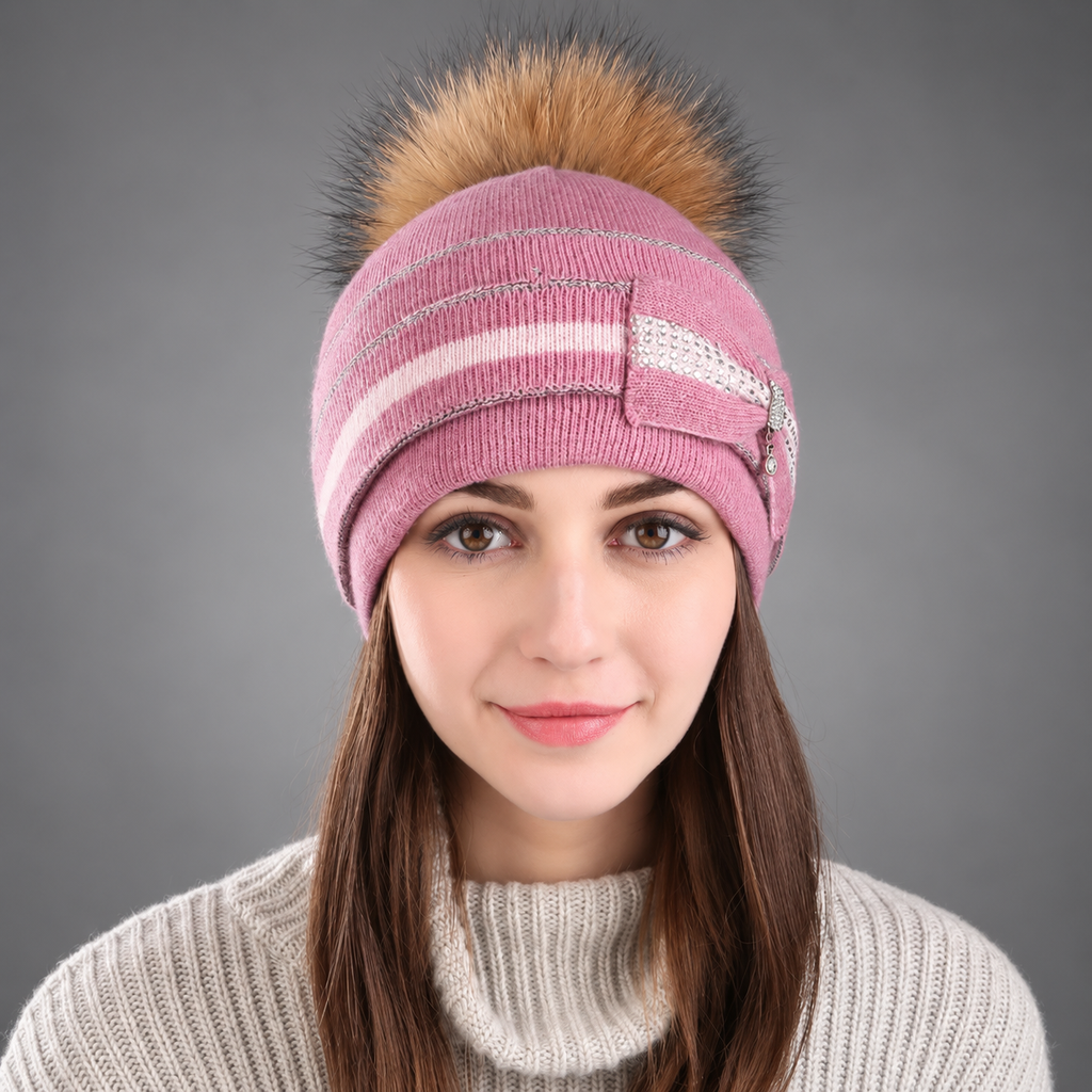 Aurelia Bow Detail Pom-Pom Beanie – Rhinestone Accent Striped Knit Winter Hat