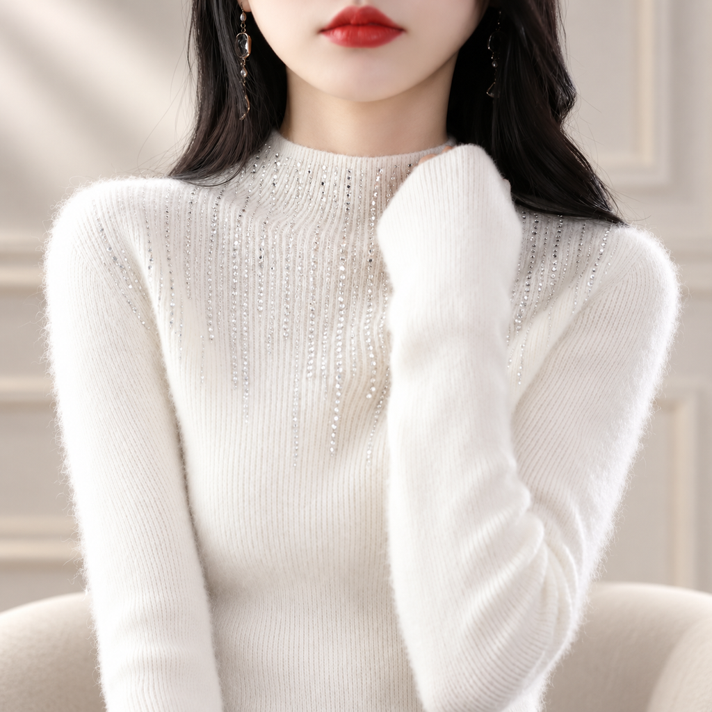 Valentina Women’s Mock Neck Rhinestone Knit Sweater – Long Sleeve Fitted Pullover