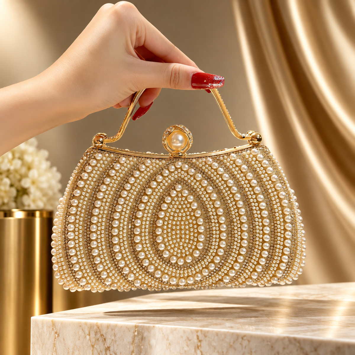 Isabella Pearl Beaded Evening Clutch Bag